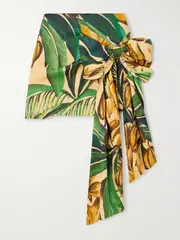[Farm Rio] Farm Rio - Bananart Wrap-effect Bow-embellished Printed Linen Mini Skirt - Yellow - x small x small Yellow