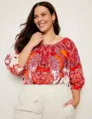 BNWT Size 22 AUTOGRAPH Peasant Top Tequila Sunset Red Orange Off Shoulder