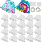 Silkfly 20 Pcs Cotton White Bucket Hat for Tie Dying Blank Cotton Packable Sun Hat with Accessory for Group Party DIY Project