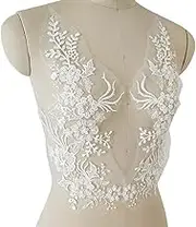 3D Flower Embroidery Lace Trim White Sequin Bead Floral Embroidered Sew on Applique Patches for Bridal Wedding Dress Gown Bodice Costume Craft DIY, 1 Pairs (White)
