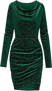 [Generic] Women's Drape Cowl Neck Bodycon Dress Sparkly Long Sleeve Dress Ruched Cocktail Wedding Party Dresses