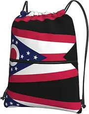 EdWal Ohio State Flag Print Drawstring Backpack Gym Bags Sports Bags With Zipper Pocket For Travel Swimming Beach, Black, One Size