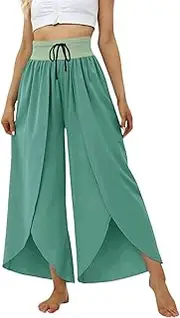 [Generic] Women Linen Wide Leg Flowy Dress Pant - Womens Casual Yoga Pants Size 14 - High Waisted Drawstring Open Fork Pants - Solid Colors Loose Fitness Fashion Leisure Pants for Women Dailywear