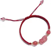 [WBPTP] Handstring,Bracelet Beads Wealth Bracelet Natural Strawberry Quartz Crystal Pixiu Adjustable Hand-Woven Flat Knot Jewelry Stretch Bracelet