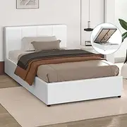 ALFORDSON Bed Frame Base with Gas Lift Storage King Single Size Tricia Series with Bed Head, Mattress Topper Platform Foundation with PU Leather Upholstery for Bedroom, White