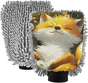 XYMZR Fox Cute Grassland Absorbent Microfiber Car Wash Mitt, Funny Cute Anime Scratch Free for Cars Cleaning, Home Cleaning Mitts, 2 Pack, 10.24” L x 7.09” W