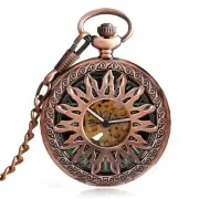 Red Copper Hollow Sunflower Mechanical Self Wind Pocket Watch Roman Number Chain