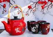 Sakura White Japanese Cherry Blossoms Porcelain Red Tea Pot 42oz And 4 Cups Set