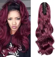 Hair Extensions Braid Hairpiece Clip-in Ponytail Extensions Claw Ponytail Hair Extensions Cheap Like Real Hair Wavy Curly Synthetic Hair Long Voluminous (Wine Red)