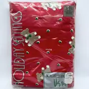Vintage Christmas Bears Red Vinyl Tablecloth 60x104