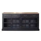 Hamptons 4 Drawers 4 Glass Door Sideboard Buffet Cabinet Black with Natural Top