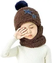 [SIQITECHUK] Kids Hooded Scarf 2 In 1 Set Boys Girls Winter Warm Fleece Beanie Hat and Circle Scarf Snood Neck Warmer Child Thermal Pom Pom Bobble Hat Earflap Cap Ski Hat for Girls Boys Children Toddler Aged 3-9