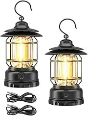 Clearhill 2PACK Rechargeable Camping Lanterns, Portable LED Tent Light with Stepless Dimming, Waterproof Vintage Design, 360° Illumination, USB-C Fast Charging, Indoor & Outdoor Decor