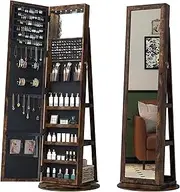 LVSOMT 360° Swivel Jewellery Cabinet Armoire with Full Length Mirror, Standing Mirror with Jewellery Storage fpr Earrings, Necklaces, Cosmetics, Bracelets, Rotating Jewelry Organiser (Rustic Brown)