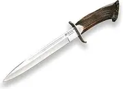 Hiking Knife Joker Chamoís CN31 with Deer Horn Handle and 25.5 cm MOVA Blade, Brown Leather Sheath, 360 Grams, Fishing Tool, Hiking, Camping and Hiking.