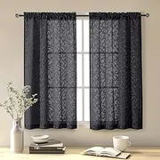 Chyhomenyc Sheer Black Curtains 54 Inch Length for Living Room 2 Panels Set, Light Filtering Jacquard Clip Textured Leaf Black Curtains for Bedroom, Farmhouse Rod Pocket Curtains, 42"Wx54"L, Set of 2