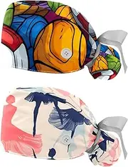[YTYVAGT] 2-Pc,Nurse Scrub Caps,Scrub Hats with Buttons and Cotton Sweatband,Abstract Colorful Football Pattern