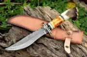 Custom Handmade Damascus Steel Bowie Knife with Stage Antler & Camel Bone Handle