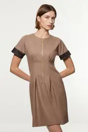 Petite Tailored Twill Lace Mix Zip Front Mini Dress