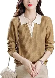 [keusyoi] Winter Turn-Down Collar Knitted Pullovers Women's Jumpers Elegant Solid Color Fake Two Pieces Sweaters