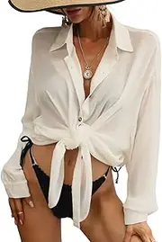 [Bsubseach] Swimsuit Coverup for Women Button Down Shirt Cover Up Beach Blouse Tops