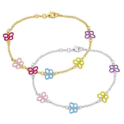 Amour Yellow Plated Silver Multi Color Enamel Butterfly Charm Bracelet 2PC Set