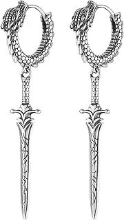 [HZMAN] Sword Dangle Drop Earrings for Men Gothic Punk Stainless Steel Dragon Knight Earring Hinged Huggie Hoop Earring Jewelry Gift, Stainless Steel, No Gemstone