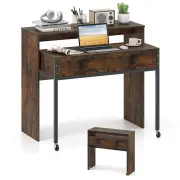 CostwayExtending Writing Desk Console Table with 2 Drawers Wood Study Workstation-Rustic Brown