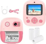Instant Print Camera Digital Camera 1080P Digital Video Camera Dual Lens 2.4 inch PS Screen 8X Built-in Battery 3 Rolls P Frames Thermal Printing Paper Neck Strap Birthday Pink