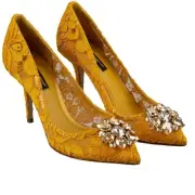 Dolce & Gabbana Bellucci Crystal Brooch Taormina Lace Pumps Yellow
