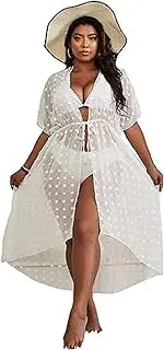 [Generic] Women's Plus Size Kimono Cover Up Swiss Dots Sheer Mesh Tie Waist Beach Swimsuit Cover Up
