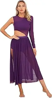 [Sinleey] Womens Lyrical Dance Costume Cutout One Shoulder Side Split Modern Contemporary Dance Dress