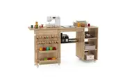 Costway Folding Sewing Table w/Rattan Door & Lockable Rolling Wheels Multipurpose Sewing Machine Craft Station