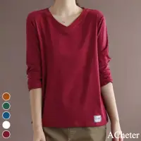在飛比找momo購物網優惠-【ACheter】V領純色百搭長袖t恤大碼寬鬆顯瘦簡約中長上