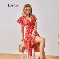 在飛比找蝦皮商城優惠-Lovito 波西米亞格女款花卉裹身洋裝 LBL07077