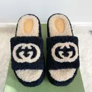 Gucci Elea Shearling GG Interlocking G Platform Slide Wedge Black Butterscotch