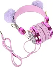 CIYODO Plush Ear Wired Headphones Adjustable Volume Limiting Over Ear Headset for Safe Durable for School Travel and Cosplay