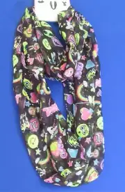 Justice Black Gauzy Eternity Infinity Scarf Emojies and Sequins 15" wide A825