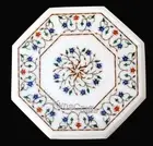 White Marble Coffee Table Top Antique Pattern Inlay Work Bed Side Table for Home