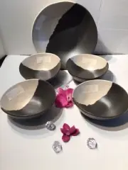 Rachel Zoe Melamine 5PC Set SERVING BOWL & SALAD Brown Beige Color Block NEW