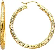 [JewelryWeb] 14k Yellow Gold Sparkle Cut 3.0mm Round Hoop Earrings 35mm-Hoop Earring for Women