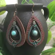 3” Bronze-tone Pendant & Leather Earring Set Drop Dangle New Free Ship A921