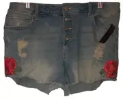 NEW NWT Cut-Off Short Shorts Button Fly w/Rose Patches NOBO Stretch Denim Sz 13