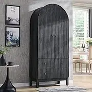 IFGET 71" Tall Arched Pantry Cabinet, Fluted Kitchen Storage Cabinet with Adjustable Shelves and 2 Large Drawers, Freestanding Morden Versatile Cupboard for Living Room, Bathroom, Dark Gray