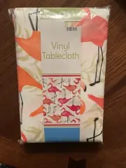 Flannel Back Vinyl Tablecloth 52"x90” Oblong, SUMMER, FLAMINGOS, BEACH