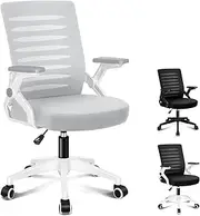 ALFORDSON Ergonomic Office Chair Mesh for Home Office, Mid-Back Student Computer Study Desk Chair with Adjustable Flip-Up Arm & Lumbar Support, Gaming Racing Task Chair, Wale White Grey