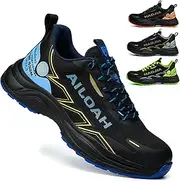 [UOQC] Safety Shoes Men Women Lightweight Work Shoes Breathable Comfortable Steel Cap Shoes Sporty Non-Slip Work Trainers Shockproof and Puncture Resistant Protective Shoes Size 38-46 EU, Blue, 11 AU