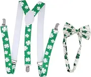 [DEARMAMY] 2pc Set Shamrock Tie Suspenders Bow Tie Dress up Accessory for Patrick's Day
