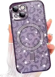 ZIYE Glitter Case for iPhone 15 Case Cute Leopard Clear Plating Magnetic Case for Women Girl with Full Camera Lens Protector Back Cover for iPhone 15 6.1" Purple