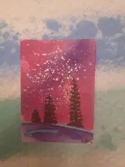 Watercolor ACEO Original Mini Painting 2.5x3.5 Starry Night Spruce Trees